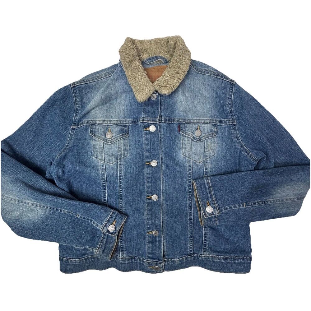 Levis Jacket Womens Large Blue Original Sherpa Trucker Denim Distressed EUC